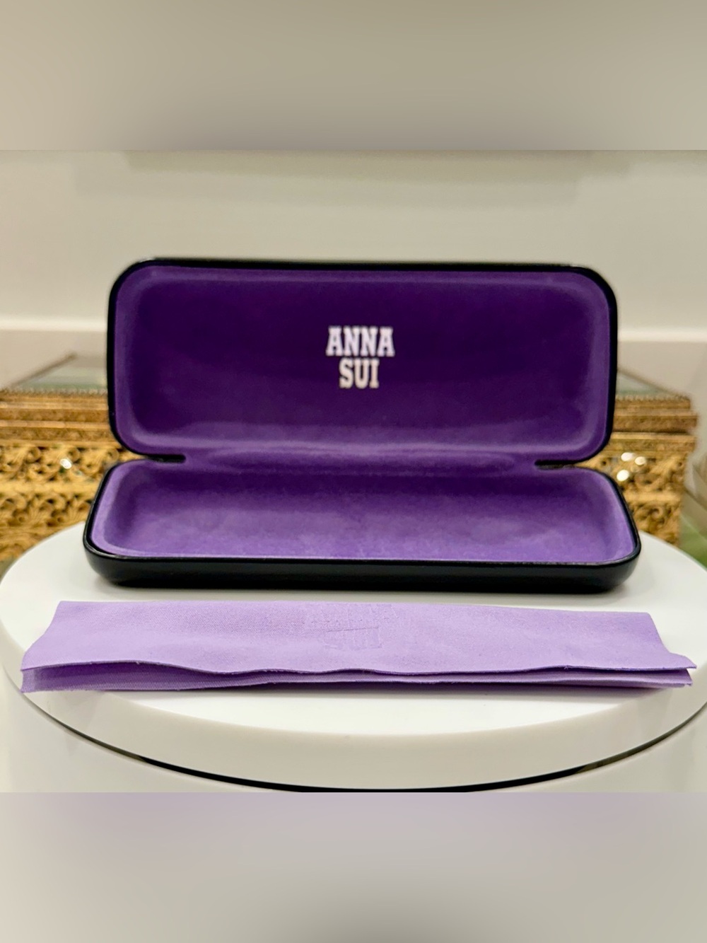 Anna Sui Embossed Black Leather Exterior/Purple Interior Eyewear Case & AS Cloth